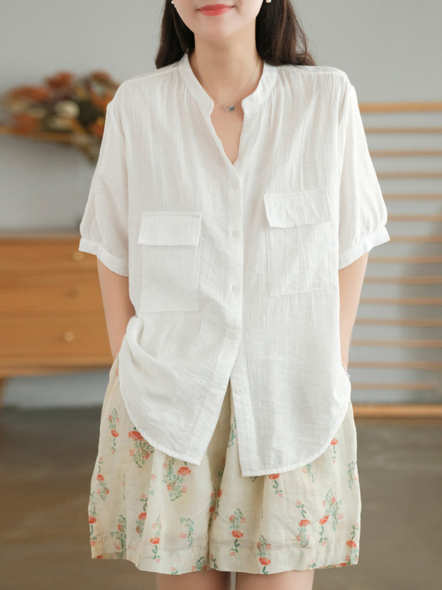 Split Neck Casual Short Sleeve Cotton Women Shirt