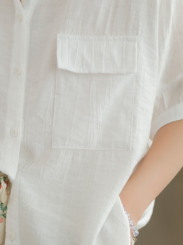 Split Neck Casual Short Sleeve Cotton Women Shirt