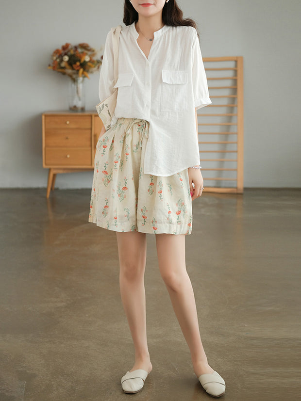 Split Neck Casual Short Sleeve Cotton Women Shirt