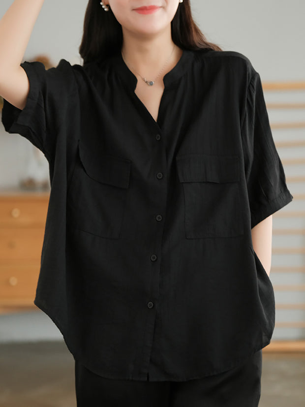 Split Neck Casual Short Sleeve Cotton Women Shirt