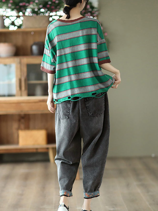 Stripe Cotton Casual Women Summer T Shirt