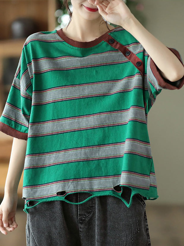 Stripe Cotton Casual Women Summer T Shirt