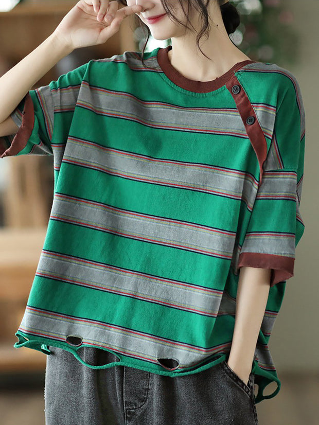 Stripe Cotton Casual Women Summer T Shirt