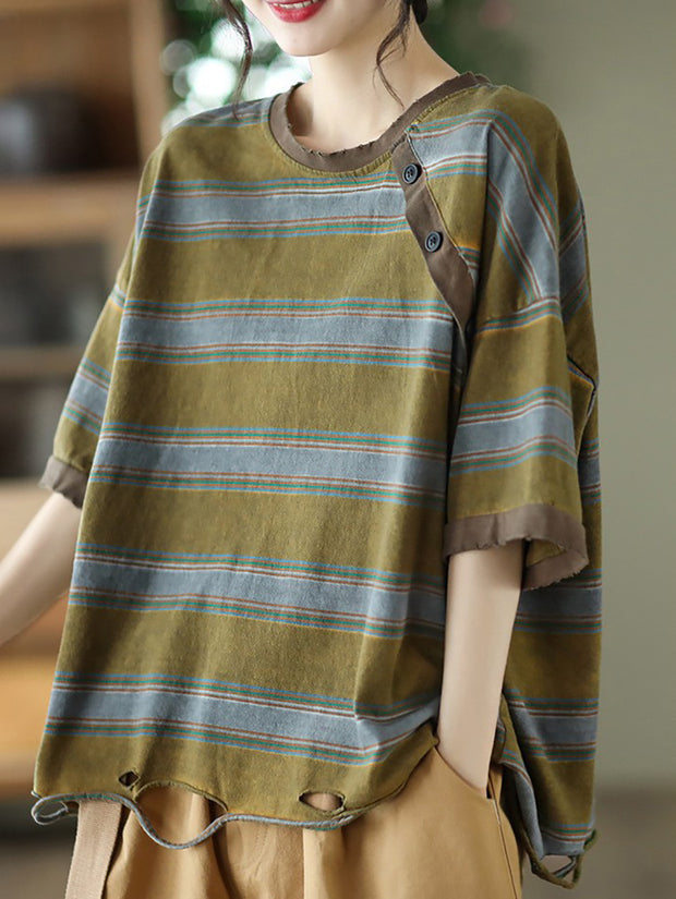 Stripe Cotton Casual Women Summer T Shirt