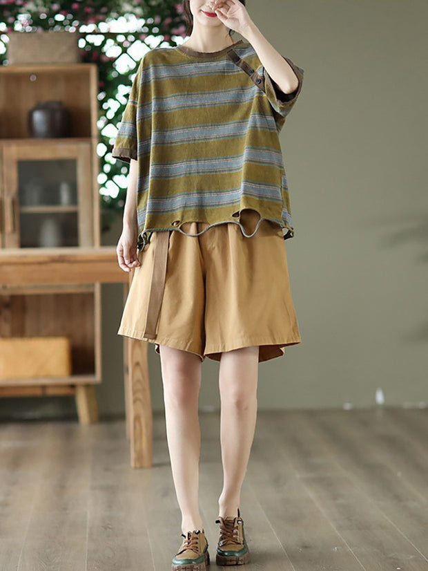 Stripe Cotton Casual Women Summer T Shirt