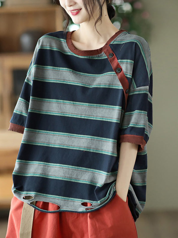 Stripe Cotton Casual Women Summer T Shirt