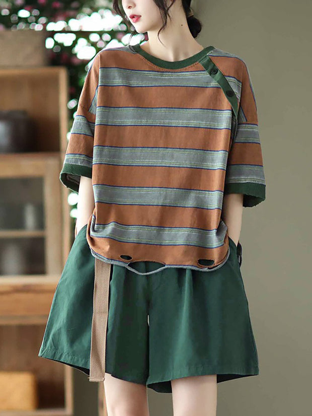 Stripe Cotton Casual Women Summer T Shirt