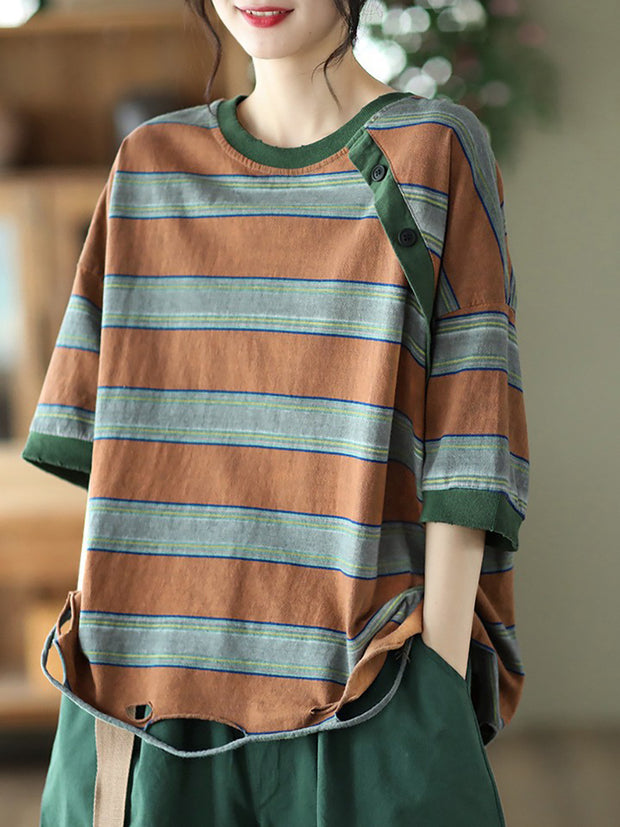 Stripe Cotton Casual Women Summer T Shirt