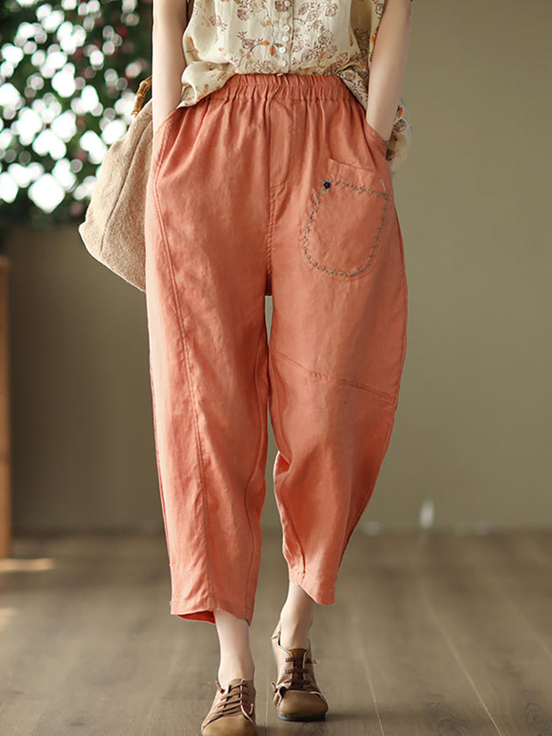 Embroidered Women Casual Elastic Waist Linen Harem Pants