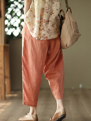 Embroidered Women Casual Elastic Waist Linen Harem Pants