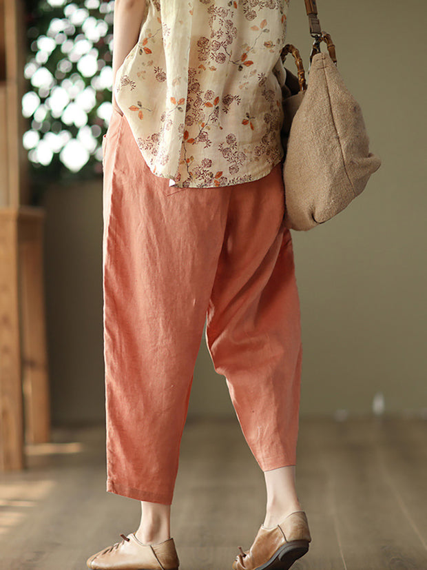Embroidered Women Casual Elastic Waist Linen Harem Pants
