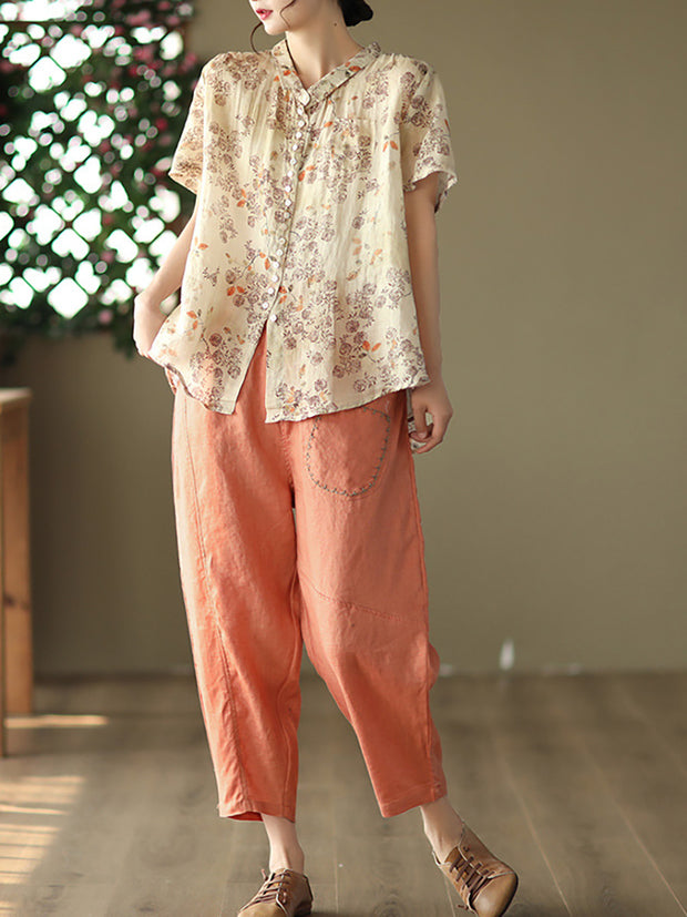 Embroidered Women Casual Elastic Waist Linen Harem Pants