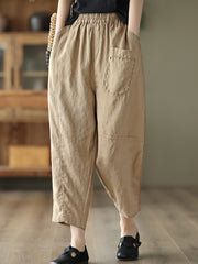 Embroidered Women Casual Elastic Waist Linen Harem Pants