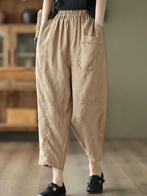 Embroidered Women Casual Elastic Waist Linen Harem Pants