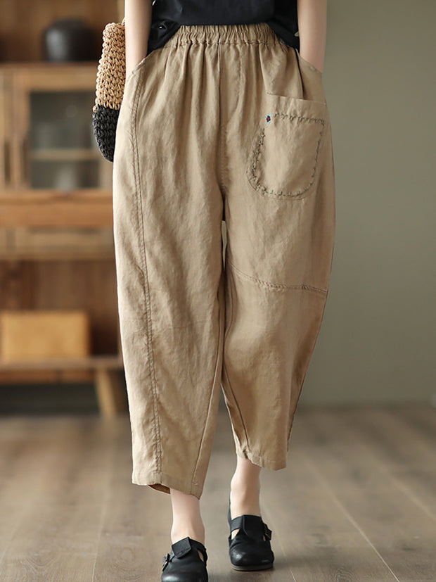 Embroidered Women Casual Elastic Waist Linen Harem Pants