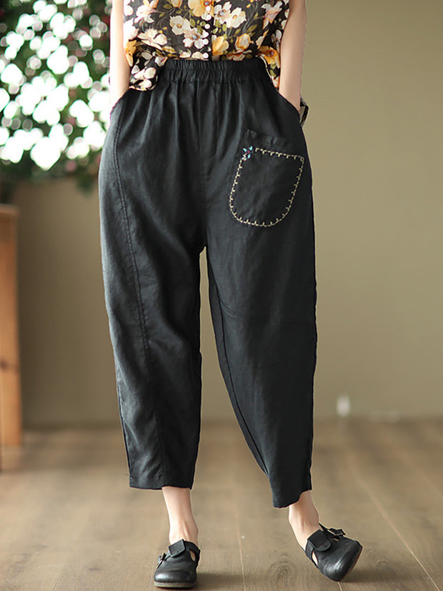 Embroidered Women Casual Elastic Waist Linen Harem Pants