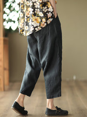 Embroidered Women Casual Elastic Waist Linen Harem Pants