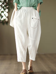 Embroidered Women Casual Elastic Waist Linen Harem Pants