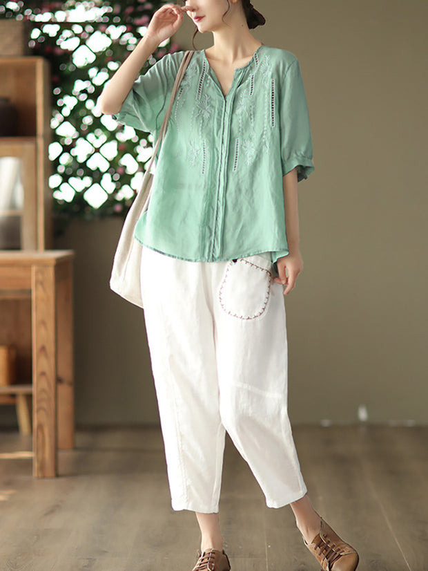 Embroidered Women Casual Elastic Waist Linen Harem Pants