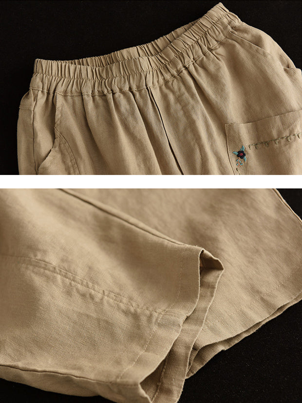 Embroidered Women Casual Elastic Waist Linen Harem Pants