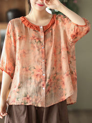 Plus Size Floral Ramie Vintage Summer Women Shirt
