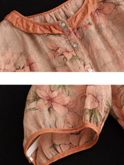 Plus Size Floral Ramie Vintage Summer Women Shirt