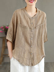 Half Sleeve Ramie Vintage Summer Women Shirt