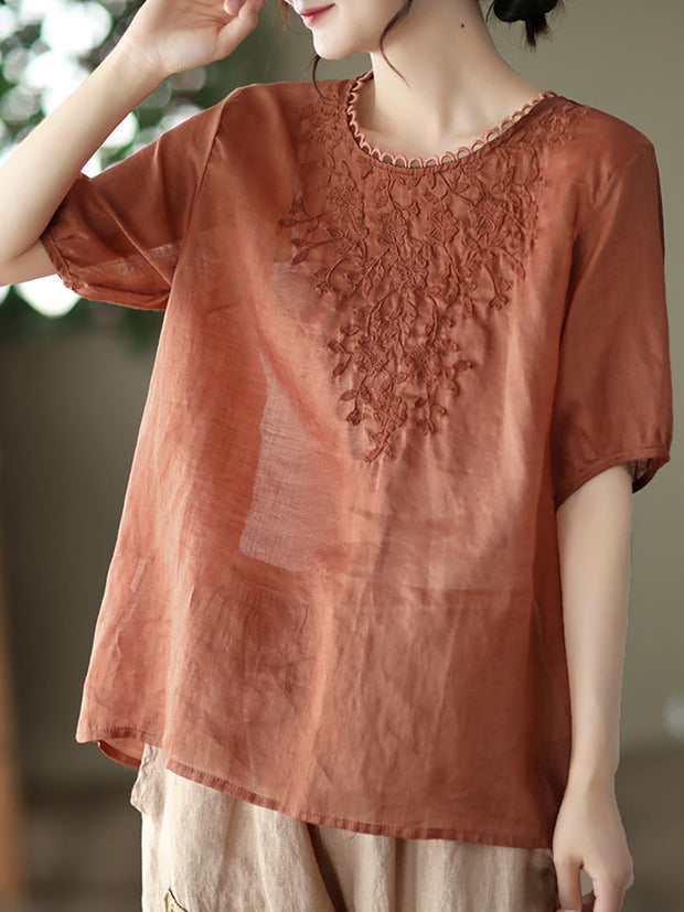 Ramie Embroidered Summer Women T Shirt