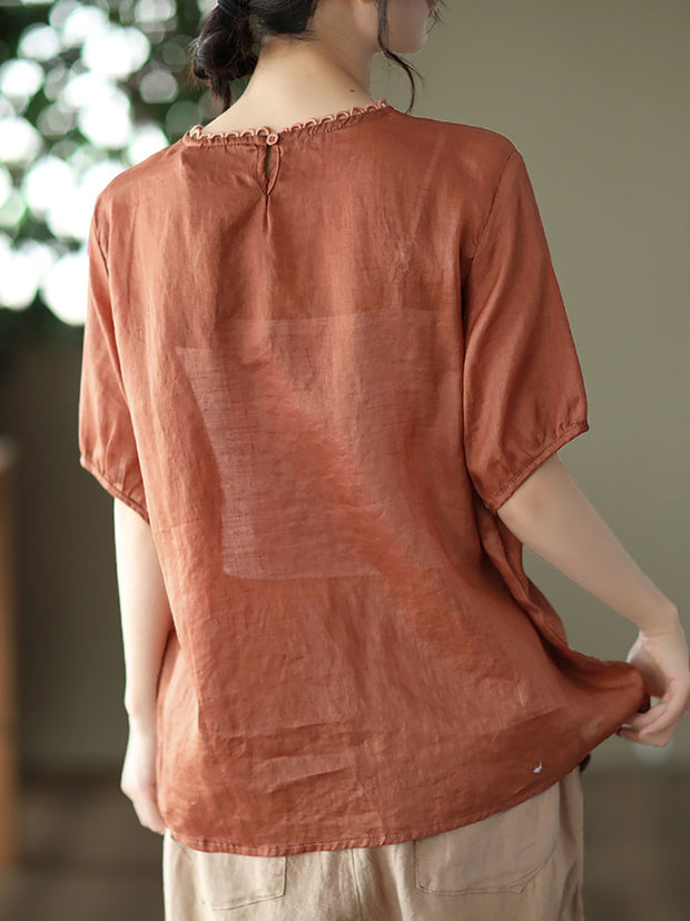 Ramie Embroidered Summer Women T Shirt