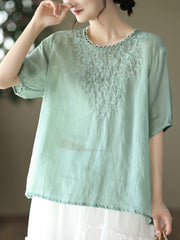Ramie Embroidered Summer Women T Shirt