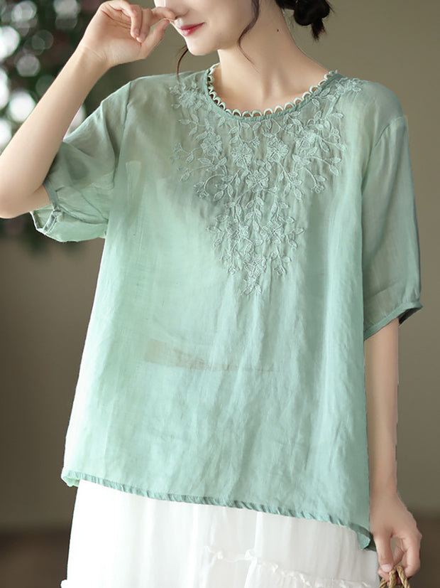 Ramie Embroidered Summer Women T Shirt