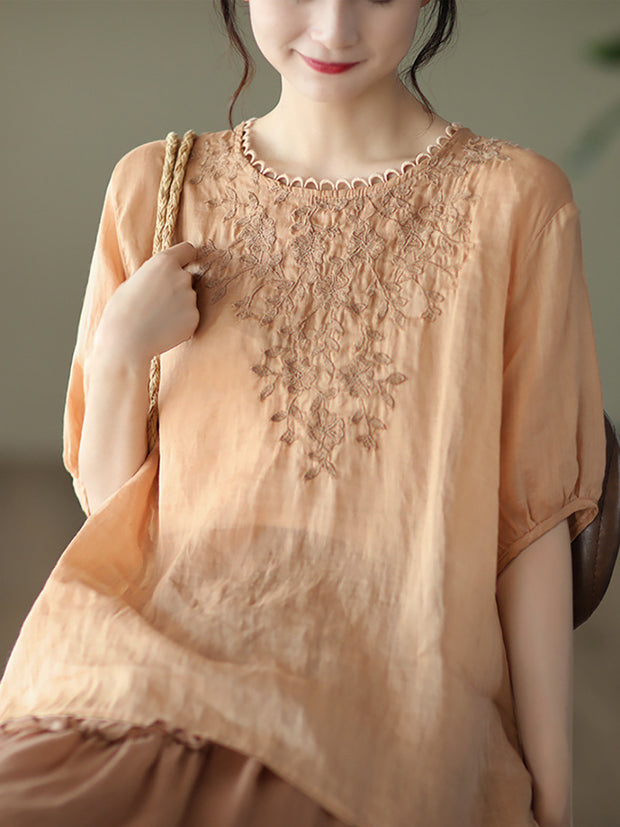 Ramie Embroidered Summer Women T Shirt