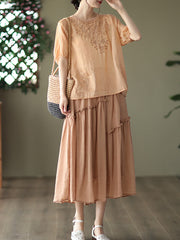 Ramie Embroidered Summer Women T Shirt
