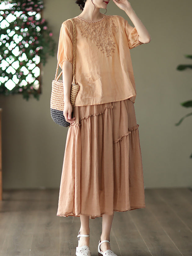 Ramie Embroidered Summer Women T Shirt