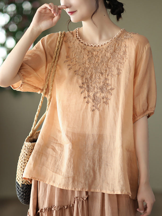 Ramie Embroidered Summer Women T Shirt