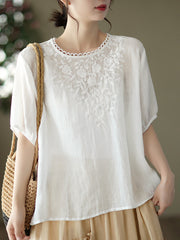 Ramie Embroidered Summer Women T Shirt