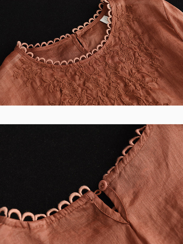 Ramie Embroidered Summer Women T Shirt