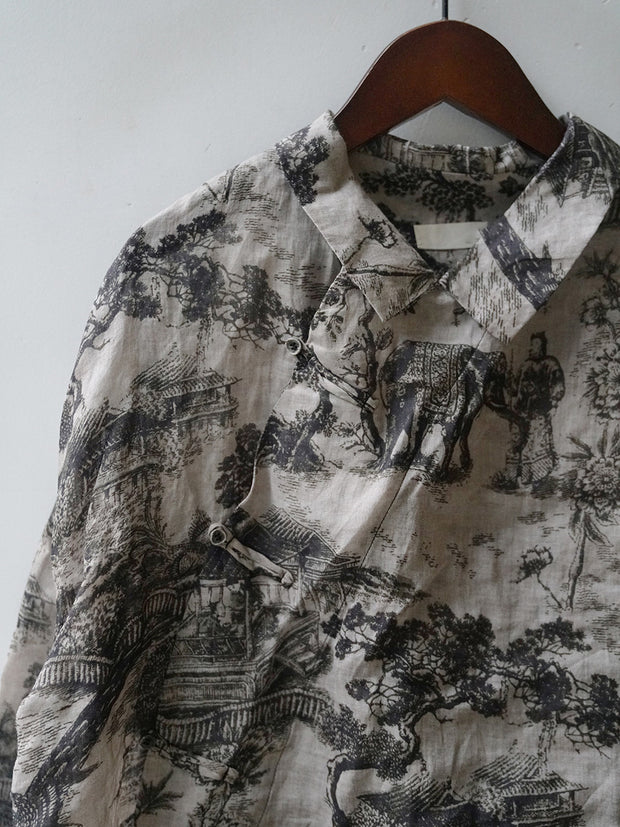 Vintage Floral Ramie Autumn Women Loose Shirt