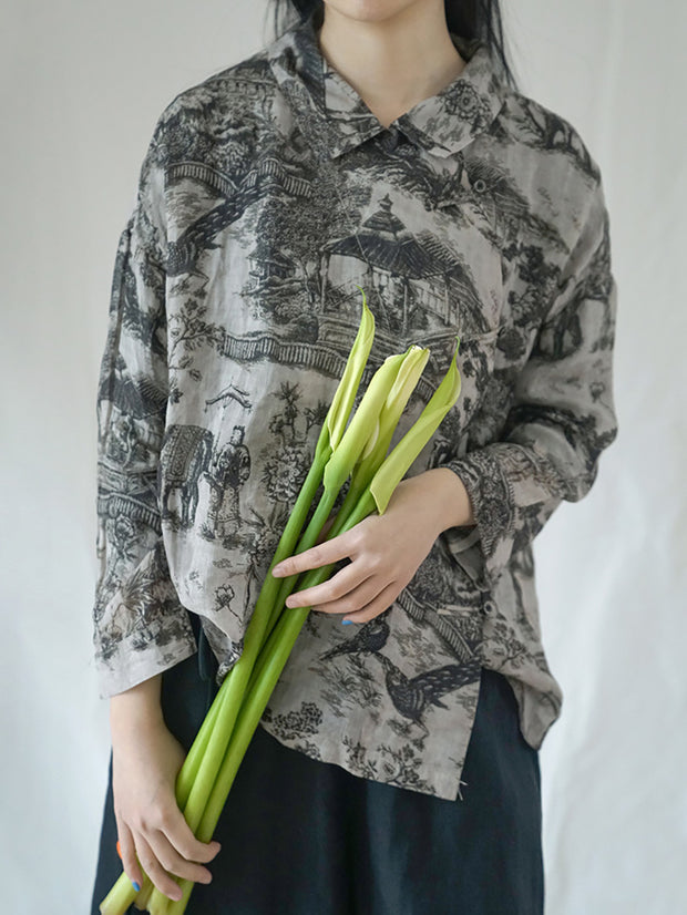 Vintage Floral Ramie Autumn Women Loose Shirt