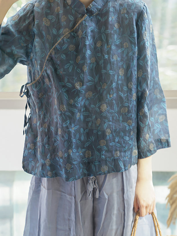 Floral Slanted Placket Vintage Ramie Autumn Women Shirt