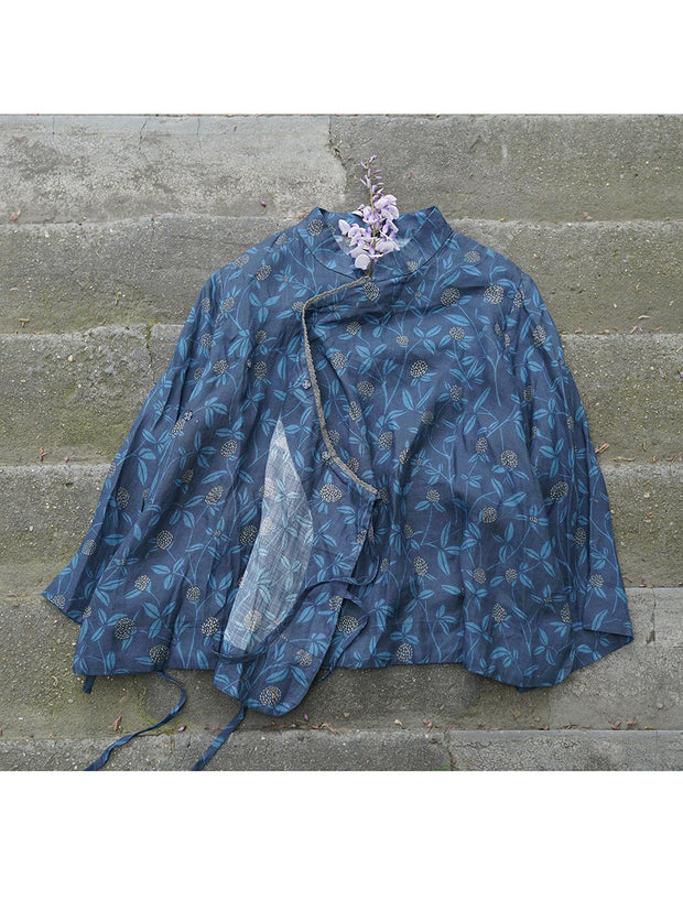 Floral Slanted Placket Vintage Ramie Autumn Women Shirt