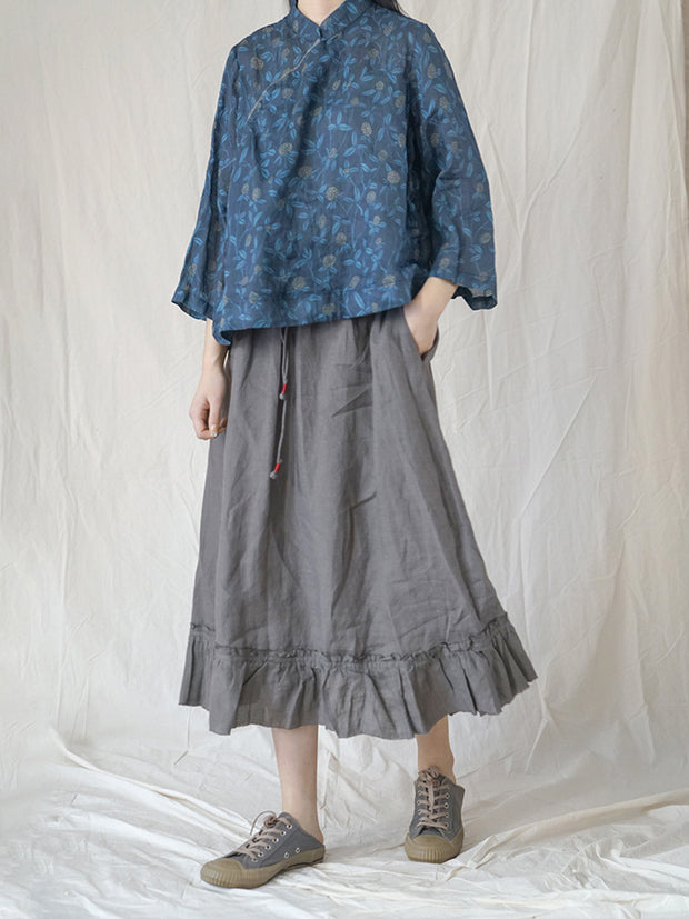 Floral Slanted Placket Vintage Ramie Autumn Women Shirt