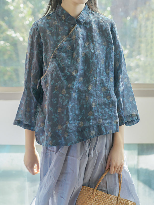 Floral Slanted Placket Vintage Ramie Autumn Women Shirt