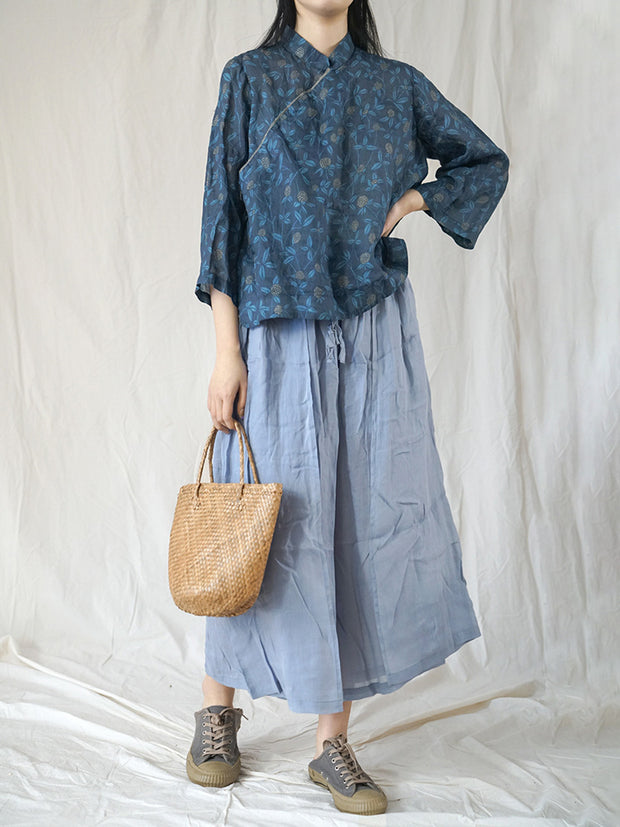 Floral Slanted Placket Vintage Ramie Autumn Women Shirt