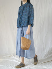 Floral Slanted Placket Vintage Ramie Autumn Women Shirt