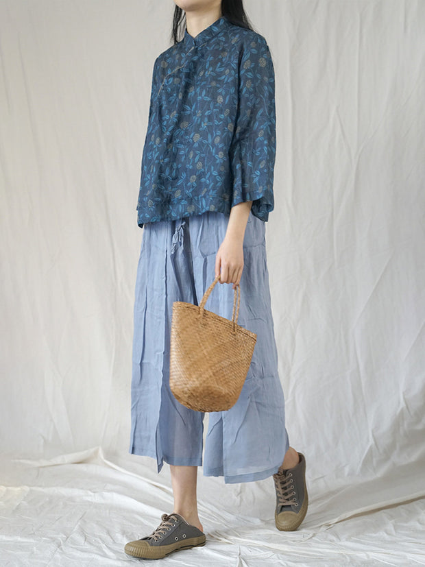 Floral Slanted Placket Vintage Ramie Autumn Women Shirt