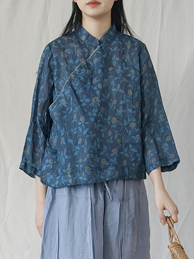 Floral Slanted Placket Vintage Ramie Autumn Women Shirt