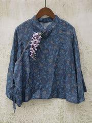 Floral Slanted Placket Vintage Ramie Autumn Women Shirt