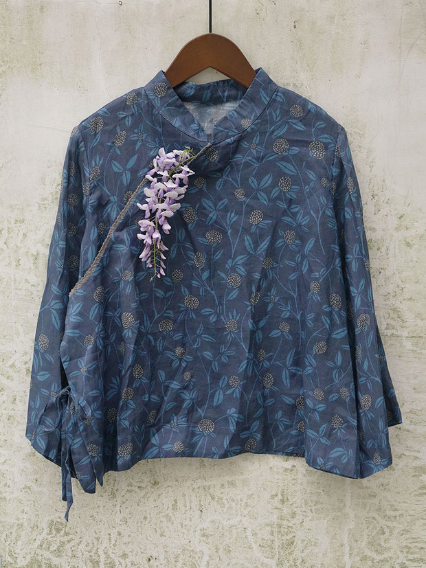 Floral Slanted Placket Vintage Ramie Autumn Women Shirt