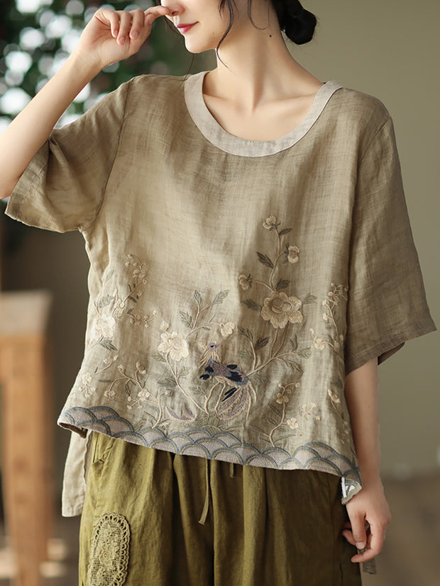 Embroidery Ramie Casual Autumn Women T Shirt